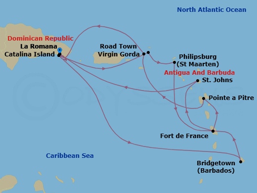 14 Night - South Caribbean - MSC Opera - Starting in La Romana, Dominican Republic, Catalina Island, Dominican Republic, Bridgetown, Barbados, Fort-de-France, Martinique, Pointe-A-Pitre, Guadeloupe, Road Town (Tortola), British Virgin Islands, La Romana, Dominican Republic, Catalina Island, Dominican Republic, Virgin Gorda, British Virgin Islands, Philipsburg, St Maarten, Fort-de-France, Martinique, St Johns AG, Antigua, La Romana, Dominican Republic itinerary map