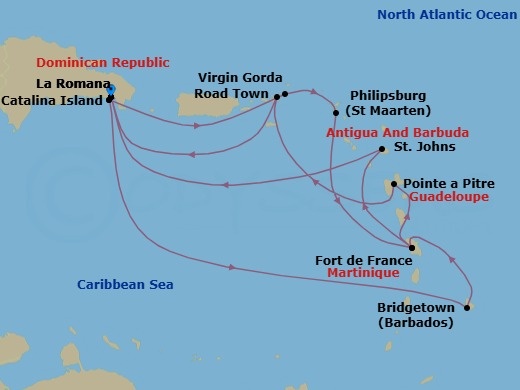 14 Night - South Caribbean - MSC Opera - Starting in La Romana, Dominican Republic, Catalina Island, Dominican Republic, Virgin Gorda, British Virgin Islands, Philipsburg, St Maarten, Fort-de-France, Martinique, St Johns AG, Antigua, La Romana, Dominican Republic, Catalina Island, Dominican Republic, Bridgetown, Barbados, Fort-de-France, Martinique, Pointe-A-Pitre, Guadeloupe, Road Town (Tortola), British Virgin Islands, La Romana, Dominican Republic itinerary map