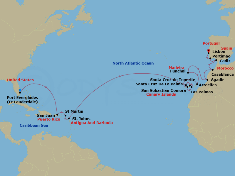 23 Night - Transoceanic - Crystal Symphony - Starting in Fort Lauderdale, San Juan, Marigot, St Martin, St Johns AG, Santa Cruz de La Palma, Santa Cruz de Tenerife, Canary Islands (Las Palmas), San Sebastian, La Gomera, Arrecife, Canary Islands, Funchal, Madeira, Agadir, Casablanca, Morocco, Cadiz, Portimao, Lisbon itinerary map