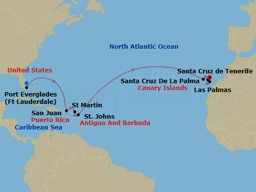 13 Night - Transoceanic - Crystal Symphony - Starting in Fort Lauderdale, San Juan, Marigot, St Martin, St Johns AG, Santa Cruz de La Palma, Santa Cruz de Tenerife, Canary Islands (Las Palmas) itinerary map