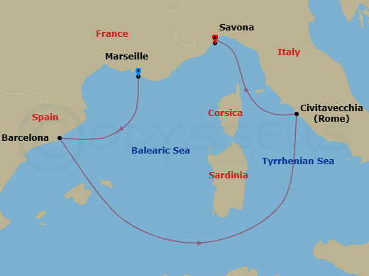 4 Night - Europe from Marseille to Savona - Costa Smeralda - Starting in Marseille, Barcelona, Civitavecchia (Rome), Savona itinerary map
