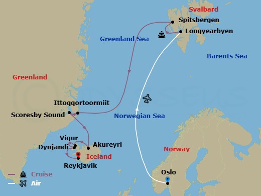 17 Night - Wonders of the High Arctic : Reykjavik Extension - Cruise & Land Journey - Scenic Eclipse - Starting in Oslo, Norway, Oslo / Longyearbyen, Svalbard, Spitsbergen, Svalbard, Ittoqqortoormiit, Greenland, Scoresby Sund (Entrance), Greenland, Scoresby Sund, Greenland, Scoresby Sund (Exit), Greenland, At Sea / Akureyri, Iceland, Akureyri, Iceland, Vigur Island, Iceland, Dynjandi (Fjallfoss), Iceland, Reykjavik, Iceland, Reykjavik itinerary map