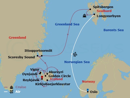 21 Night - High Arctic, Greenland & Iceland Wonders - Cruise & Land Journey - Scenic Eclipse - Starting in Oslo, Norway, Oslo / Longyearbyen, Svalbard, Spitsbergen, Svalbard, Ittoqqortoormiit, Greenland, Scoresby Sund (Entrance), Greenland, Scoresby Sund, Greenland, Scoresby Sund (Exit), Greenland, At Sea / Akureyri, Iceland, Akureyri, Iceland, Vigur Island, Iceland, Dynjandi (Fjallfoss), Iceland, Reykjavik, Iceland, Reykjavik, Iceland / Kirkjubajarklaustur, Iceland, Kirkjubajarklaustur, Iceland, Kirkjubajarklaustur, Iceland / Golden Circle, Iceland, Golden Circle, Iceland, Golden Circle, Iceland / Reykjavik / Sky Lagoon, Iceland, Reykjavik, Iceland itinerary map