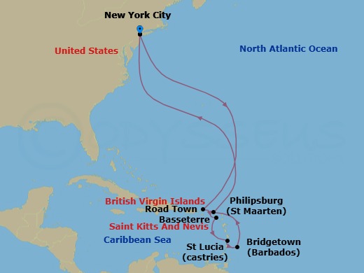 13 Night - Caribbean Celebration - Queen Mary 2 - Starting in New York, NY, Road Town, Tortola, Basseterre, St Kitts, Castries, St Lucia, Bridgetown, Barbados, Philipsburg, St Maarten, New York, NY itinerary map
