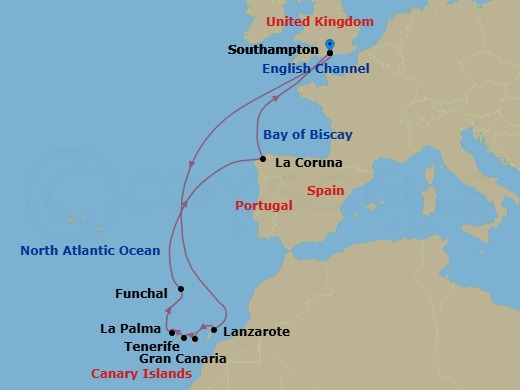14 Night - Canary Islands Celebration - Queen Anne - Starting in Southampton, England, UK, Lanzarote, Spain, Gran Canaria, Spain, Tenerife, Spain, La Palma, Spain, Funchal, Madeira, Portugal, La Coruna (tours to Santiago de Compostela), Spain, Southampton, England, UK itinerary map