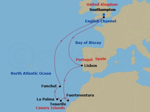 12 Night - Canary Islands - Queen Victoria - Starting in Southampton, England, UK, Funchal, Madeira, Portugal, La Palma, Spain, Tenerife, Spain, Fuerteventura, Spain, Lisbon, Portugal, Southampton, England, UK itinerary map