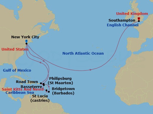 21 Night - Transatlantic Crossing and Caribbean Celebration - Queen Mary 2 - Starting in New York, NY, Road Town, Tortola, Basseterre, St Kitts, Castries, St Lucia, Bridgetown, Barbados, Philipsburg, St Maarten, New York, NY, Southampton, England, UK itinerary map