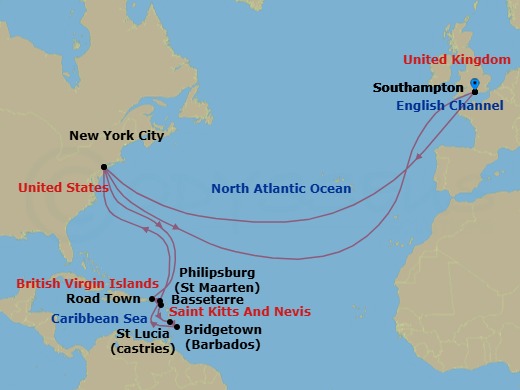 28 Night - Transatlantic Crossing and Caribbean Celebration - Queen Mary 2 - Starting in Southampton, England, UK, New York, NY, Road Town, Tortola, Basseterre, St Kitts, Castries, St Lucia, Bridgetown, Barbados, Philipsburg, St Maarten, New York, NY, Southampton, England, UK itinerary map