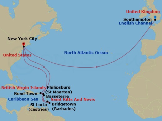 20 Night - Transatlantic Crossing and Caribbean Celebration - Queen Mary 2 - Starting in Southampton, England, UK, New York, NY, Road Town, Tortola, Basseterre, St Kitts, Castries, St Lucia, Bridgetown, Barbados, Philipsburg, St Maarten, New York, NY itinerary map