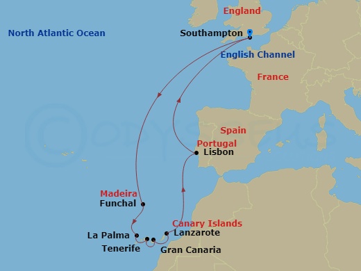 14 Night - Canary Islands - Queen Anne - Starting in Southampton, England, UK, Funchal, Madeira, Portugal, La Palma, Spain, Tenerife, Spain, Gran Canaria, Spain, Lanzarote, Spain, Lisbon, Portugal, Southampton, England, UK itinerary map