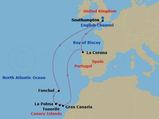 14 Night - Canary Islands - Queen Anne - Starting in Southampton, England, UK, Funchal, Madeira, Portugal, La Palma, Spain, Tenerife, Spain, Gran Canaria, Spain, La Coruna (tours to Santiago de Compostela), Spain, Southampton, England, UK itinerary map