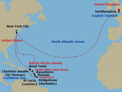 21 Night - Transatlantic Crossing and Eastern Caribbean - Queen Mary 2 - Starting in New York, NY, St Thomas, US Virgin Islands, Bridgetown, Barbados, Castries, St Lucia, Roseau, Dominica, Basseterre, St Kitts, Road Town, Tortola, New York, NY, Southampton, England, UK itinerary map