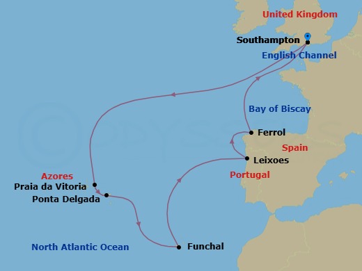 12 Night - Azores, Portugal and Spain - Queen Victoria - Starting in Southampton, England, UK, Praia da Vitoria, Azores, Portugal, Ponta Delgada, Azores, Portugal, Funchal, Madeira, Portugal, Leixoes (tours to Porto), Portugal, Ferrol, Spain, Southampton, England, UK itinerary map