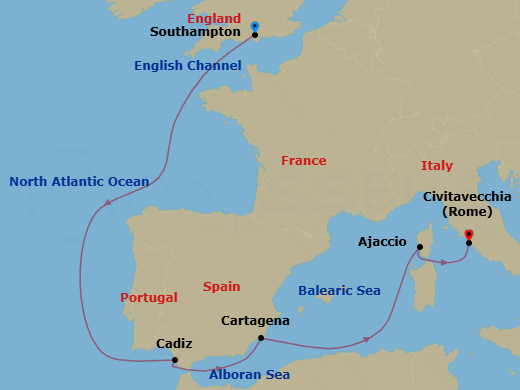 8 Night - Spain and France - Queen Elizabeth - Starting in Southampton, England, UK, Cadiz (tours to Seville), Spain, Cartagena ES, Ajaccio, Corsica, France, Civitavecchia (tours to Rome), Italy itinerary map