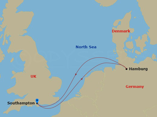 4 Night - Short Break to Hamburg - Queen Mary 2 - Starting in Southampton, England, UK, Hamburg, Germany, Southampton, England, UK itinerary map