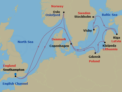 16 Night - Scandinavia and Northern Europe - Queen Victoria - Starting in Southampton, England, UK, Oslofjord, Norway (Scenic Cruising), Oslo, Norway, Visby, Sweden, Stockholm, Sweden, Riga, Latvia, Klaipeda, Lithuania, Gdynia (tours to Gdansk), Poland, Copenhagen, Denmark, Southampton, England, UK itinerary map