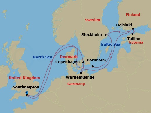 14 Night - Scandinavia and Northern Europe - Queen Victoria - Starting in Southampton, England, UK, Copenhagen, Denmark, Warnemunde, Germany, Helsinki, Finland, Tallinn, Estonia, Stockholm, Sweden, Bornholm, Denmark, Southampton, England, UK itinerary map