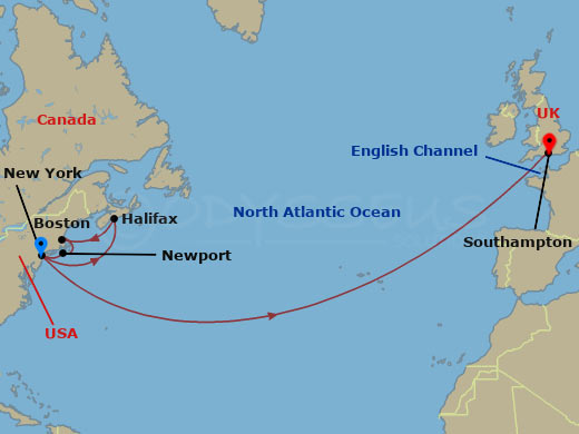 14 Night - Transatlantic Crossing, New England and Canada - Queen Mary 2 - Starting in New York, NY, Halifax, NS, Canada, Boston, MA, New York, NY, Southampton, England, UK itinerary map