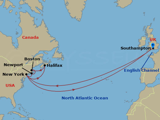 21 Night - Transatlantic Crossing, New England and Canada - Queen Mary 2 - Starting in Southampton, England, UK, New York, NY, Halifax, NS, Canada, Boston, MA, New York, NY, Southampton, England, UK itinerary map
