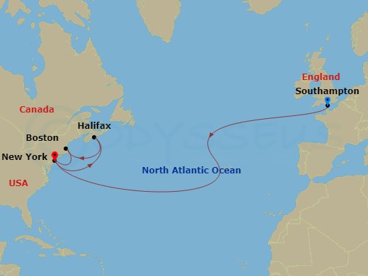 14 Night - Transatlantic Crossing, New England and Canada - Queen Mary 2 - Starting in Southampton, England, UK, New York, NY, Halifax, NS, Canada, Boston, MA, New York, NY itinerary map