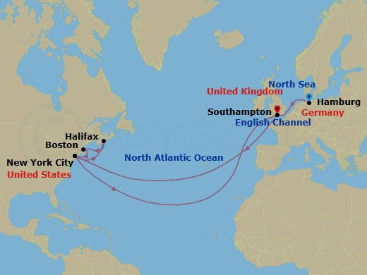 23 Night - Transatlantic Crossing, New England and Canada - Queen Mary 2 - Starting in Hamburg, Germany, Southampton, England, UK, New York, NY, Halifax, NS, Canada, Boston, MA, New York, NY, Southampton, England, UK itinerary map