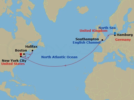 16 Night - Transatlantic Crossing, New England and Canada - Queen Mary 2 - Starting in Hamburg, Germany, Southampton, England, UK, New York, NY, Halifax, NS, Canada, Boston, MA, New York, NY itinerary map