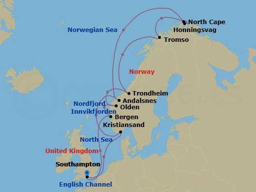 14 Night - Norway and North Cape - Queen Mary 2 - Starting in Southampton, England, UK, Bergen, Norway, Olden, Norway, Innvikfjorden, Norway (Scenic Cruising), Nordfjord, Norway (Scenic Cruising), Trondheim, Norway, Tromso, Norway, Honningsvaag, Norway, North Cape (Sail by), Andalsnes, Norway, Kristiansand, Norway, Southampton, England, UK itinerary map
