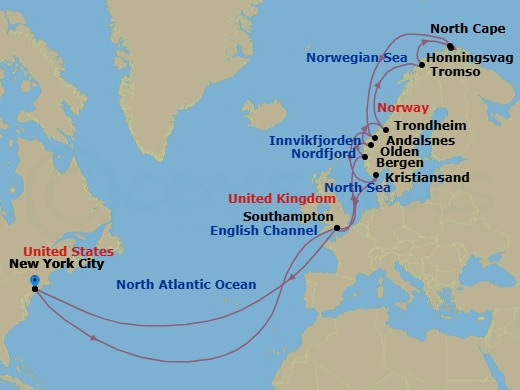 28 Night - Norway and North Cape - Queen Mary 2 - Starting in New York, NY, Southampton, England, UK, Bergen, Norway, Olden, Norway, Innvikfjorden, Norway (Scenic Cruising), Nordfjord, Norway (Scenic Cruising), Trondheim, Norway, Tromso, Norway, Honningsvaag, Norway, North Cape (Sail by), Andalsnes, Norway, Kristiansand, Norway, Southampton, England, UK, New York, NY itinerary map