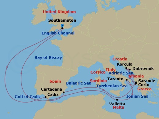 19 Night - Central Mediterranean - Queen Victoria - Starting in Southampton, England, UK, Cartagena ES, Sarande, Albania, Dubrovnik, Croatia, Korcula, Croatia, Corfu, Greece, Taranto, IT, Valletta, Malta, Cadiz (tours to Seville), Spain, Southampton, England, UK itinerary map