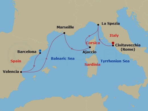 7 Night - Italy, France and Spain - Queen Elizabeth - Starting in Barcelona, Spain, Valencia, Spain, Marseille, France, Ajaccio, Corsica, France, La Spezia (tours to Florence or Pisa), Italy, Civitavecchia (tours to Rome), Italy itinerary map