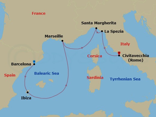 7 Night - Italy, France and Spain - Queen Elizabeth - Starting in Barcelona, Spain, Ibiza, Spain, Marseille, France, Santa Margherita Ligure, Genoa, Italy, La Spezia (tours to Florence or Pisa), Italy, Civitavecchia (tours to Rome), Italy itinerary map