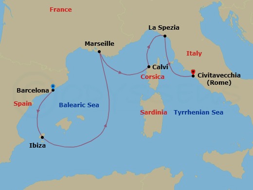 7 Night - Italy, France and Spain - Queen Elizabeth - Starting in Barcelona, Spain, Ibiza, Spain, Marseille, France, Calvi, Corsica, France, La Spezia (tours to Florence or Pisa), Italy, Civitavecchia (tours to Rome), Italy itinerary map