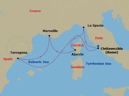 7 Night - Italy, France and Spain - Queen Elizabeth - Starting in Civitavecchia (tours to Rome), Italy, Tarragona, Spain, Marseille, France, Ajaccio, Corsica, France, La Spezia (tours to Florence or Pisa), Italy, Civitavecchia (tours to Rome), Italy itinerary map