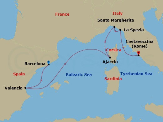7 Night - Italy, France and Spain - Queen Elizabeth - Starting in Barcelona, Spain, Valencia, Spain, Ajaccio, Corsica, France, Santa Margherita Ligure, Genoa, Italy, La Spezia (tours to Florence or Pisa), Italy, Civitavecchia (tours to Rome), Italy itinerary map