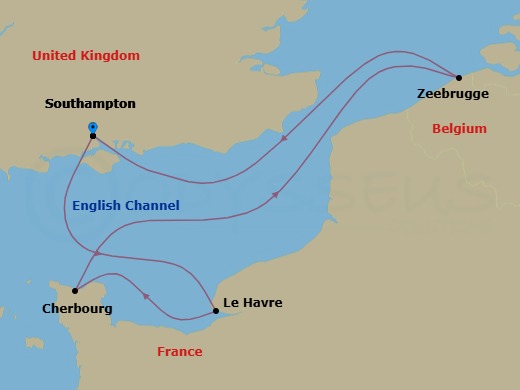 5 Night - Le Havre, Cherbourg and Zeebrugge - Queen Anne - Starting in Southampton, England, UK, Le Havre, France, Cherbourg, France, Zeebrugge (tours to Bruges), Belgium, Southampton, England, UK itinerary map
