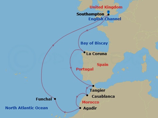 14 Night - Spain, Morocco and Portugal - Queen Victoria - Starting in Southampton, England, UK, La Coruna (tours to Santiago de Compostela), Spain, Tangier, Morocco, Casablanca, Morocco, Agadir, Morocco, Funchal, Madeira, Portugal, Southampton, England, UK itinerary map
