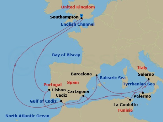 16 Night - Portugal, Spain, Tunisia and Italy - Queen Victoria - Starting in Southampton, England, UK, Lisbon, Portugal, Cartagena ES, La Goulette (tours to Carthage or Tunis), Tunisia, Palermo, Sicily, Italy, Salerno (tours to Capri or Pompeii), Italy, Barcelona, Spain, Cadiz (tours to Seville), Spain, Southampton, England, UK itinerary map