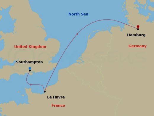 3 Night - Short Break to Le Havre - Queen Mary 2 - Starting in Southampton, England, UK, Le Havre, France, Hamburg, Germany itinerary map