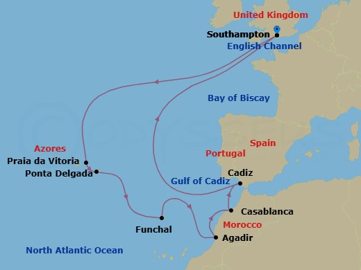 16 Night - Azores, Portugal, Morocco and Spain - Queen Victoria - Starting in Southampton, England, UK, Praia da Vitoria, Azores, Portugal, Ponta Delgada, Azores, Portugal, Funchal, Madeira, Portugal, Agadir, Morocco, Casablanca, Morocco, Cadiz (tours to Seville), Spain, Southampton, England, UK itinerary map