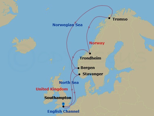 12 Night - Norway and Northern Lights - Queen Mary 2 - Starting in Southampton, England, UK, Bergen, Norway, Tromso, Norway, Trondheim, Norway, Stavanger, Norway, Southampton, England, UK itinerary map