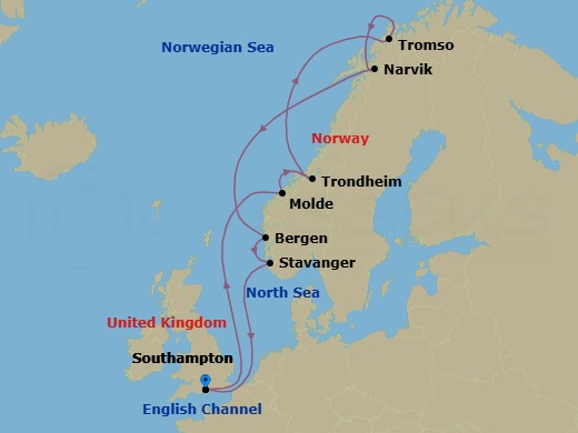 14 Night - Norway and Northern Lights - Queen Anne - Starting in Southampton, England, UK, Molde, Norway, Trondheim, Norway, Tromso, Norway, Narvik, Norway, Bergen, Norway, Stavanger, Norway, Southampton, England, UK itinerary map