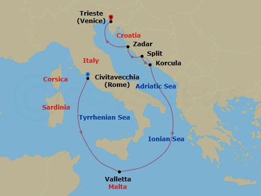 7 Night - Malta and Croatia - Queen Elizabeth - Starting in Civitavecchia (tours to Rome), Italy, Valletta, Malta, Korcula, Croatia, Split, Croatia, Zadar, Croatia, Trieste, Italy itinerary map