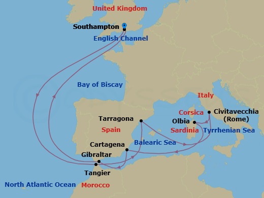 14 Night - Morocco, Spain and Italy - Queen Victoria - Starting in Southampton, England, UK, Tangier, Morocco, Tarragona, Spain, Civitavecchia (tours to Rome), Italy, Olbia, IT, Cartagena ES, Gibraltar, Southampton, England, UK itinerary map