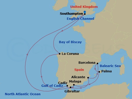 14 Night - Spain and Gibraltar - Queen Victoria - Starting in Southampton, England, UK, La Coruna (tours to Santiago de Compostela), Spain, Gibraltar, Malaga (tours to Granada), Spain, Palma De Mallorca, Spain, Barcelona, Spain, Alicante, Spain, Cadiz (tours to Seville), Spain, Southampton, England, UK itinerary map