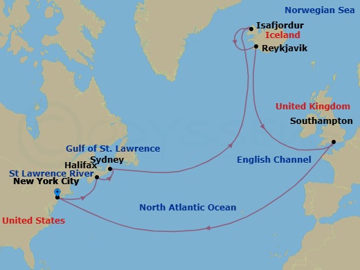 21 Night - Transatlantic Crossing, Canada and Iceland - Queen Mary 2 - Starting in New York, NY, Halifax, NS, Canada, Sydney NS, Canada, Isafjordur, Iceland, Reykjavik, Iceland, Southampton, England, UK, New York, NY itinerary map
