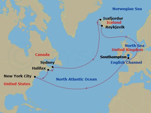 21 Night - Transatlantic Crossing, Canada and Iceland - Queen Mary 2 - Starting in Southampton, England, UK, New York, NY, Halifax, NS, Canada, Sydney NS, Canada, Isafjordur, Iceland, Reykjavik, Iceland, Southampton, England, UK itinerary map