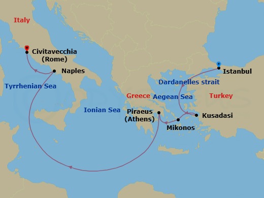7 Night - Greece, Turkiye and Italy - Queen Elizabeth - Starting in Istanbul, Turkey, Dardanelles Strait, Turkey (Transit), Kusadasi (tours to Ephesus), Turkey, Mykonos, Greece, Piraeus (tours to Athens), Greece, Naples (tours to Capri or Pompeii), Italy, Civitavecchia (tours to Rome), Italy itinerary map