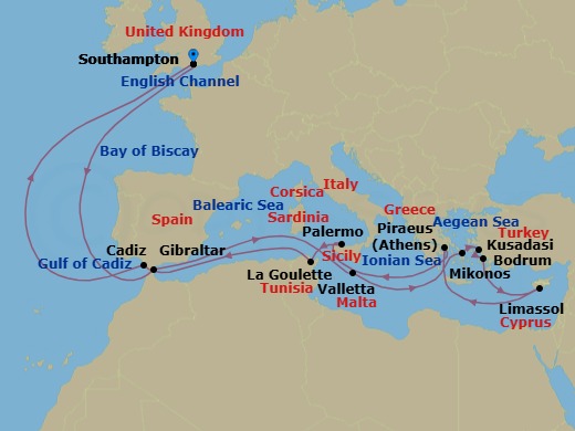 23 Night - Eastern Mediterranean, Greece and Turkiye - Queen Victoria - Starting in Southampton, England, UK, Gibraltar, Valletta, Malta, Mykonos, Greece, Kusadasi (tours to Ephesus), Turkey, Bodrum, Turkey, Limassol, Cyprus, Piraeus (tours to Athens), Greece, Palermo, Sicily, Italy, La Goulette (tours to Carthage or Tunis), Tunisia, Cadiz (tours to Seville), Spain, Southampton, England, UK itinerary map