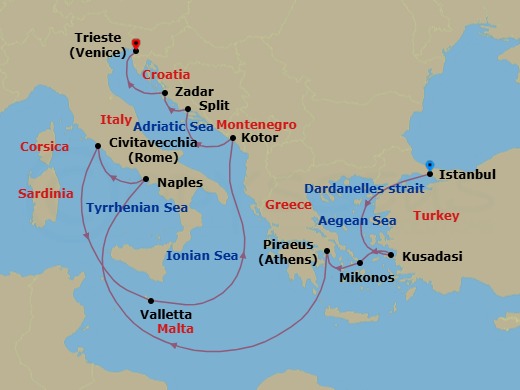 14 Night - Mediterranean, Adriatic and Turkiye - Queen Elizabeth - Starting in Istanbul, Turkey, Dardanelles Strait, Turkey (Transit), Kusadasi (tours to Ephesus), Turkey, Mykonos, Greece, Piraeus (tours to Athens), Greece, Naples (tours to Capri or Pompeii), Italy, Civitavecchia (tours to Rome), Italy, Valletta, Malta, Kotor, Montenegro, Split, Croatia, Zadar, Croatia, Trieste, Italy itinerary map