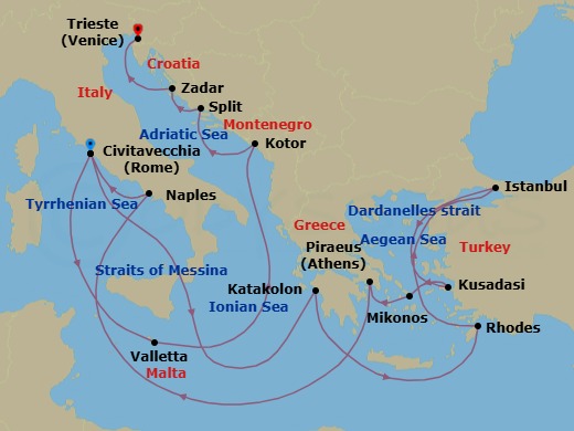 21 Night - Mediterranean, Adriatic and Turkiye - Queen Elizabeth - Starting in Civitavecchia (tours to Rome), Italy, Messina Strait, Italy (Transit), Katakolon (tours to Olympia), Greece, Rhodes, Greece, Dardanelles Strait, Turkey (Transit), Istanbul, Turkey, Dardanelles Strait, Turkey (Transit), Kusadasi (tours to Ephesus), Turkey, Mykonos, Greece, Piraeus (tours to Athens), Greece, Naples (tours to Capri or Pompeii), Italy, Civitavecchia (tours to Rome), Italy, Valletta, Malta, Kotor, Montenegro, Split, Croatia, Zadar, Croatia, Trieste, Italy itinerary map